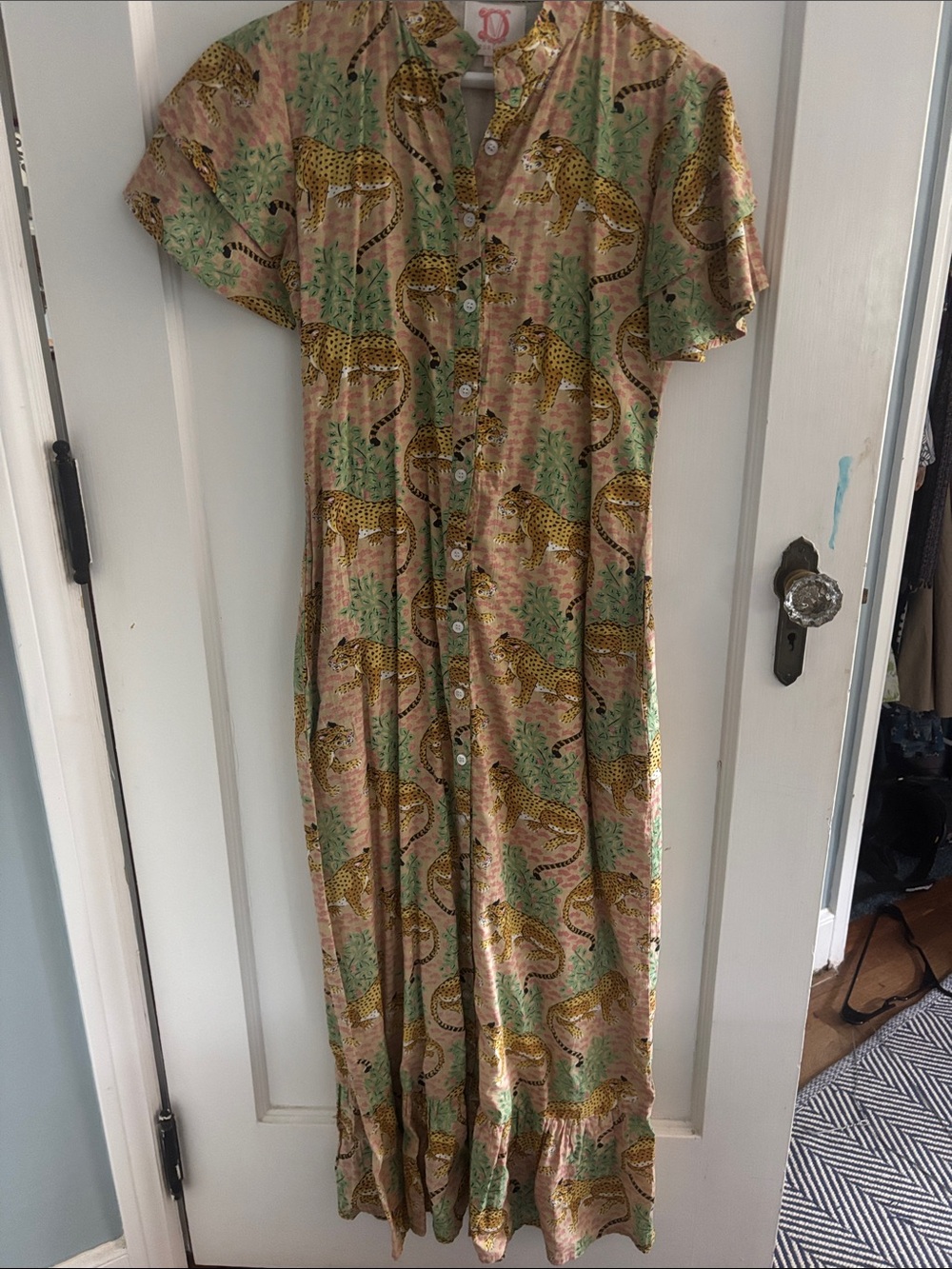 Victoria Dunn Pink Maxi Dress with Green Foliage and Yellow Leopard Print